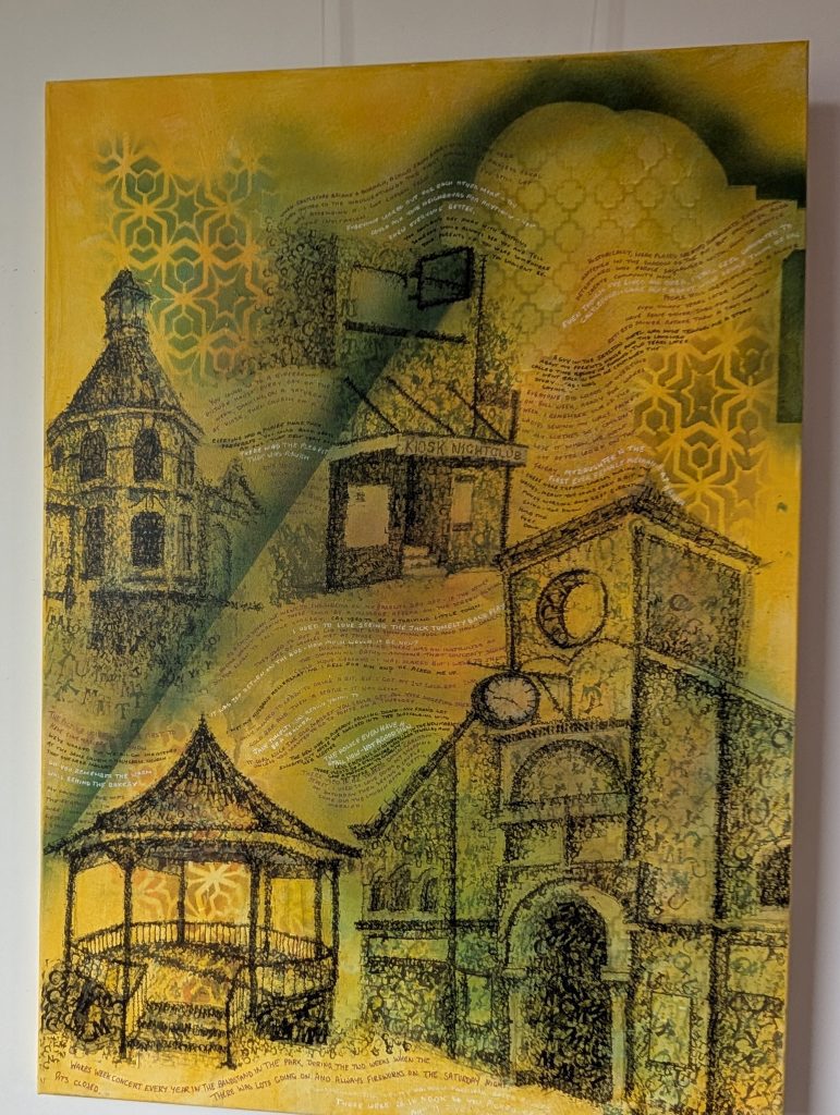 Castleford buildings and Castleford memories written/drawn in black on a yellow background. This is an Artwork by Rachel Forster titled Castleford: Past, Present and Future